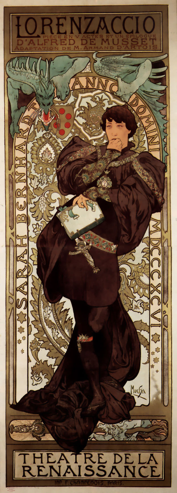 舞台のミューズを描いた劇場ポスター — 《ロレンツァッチョ》（Lorenzaccio）。Wikimedia Commons所蔵のパブリックドメイン画像。