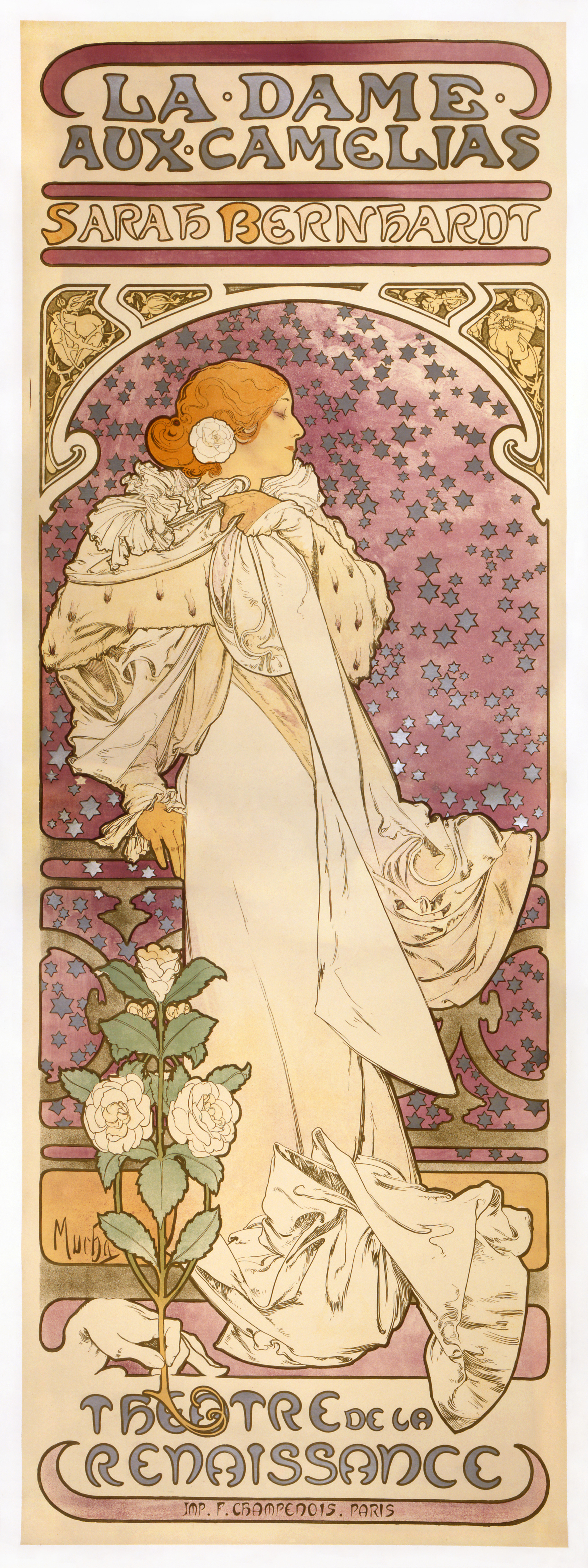 舞台のミューズを描いた劇場ポスター — 《椿姫》（La Dame aux Camélias）。Wikimedia Commons所蔵のパブリックドメイン画像。