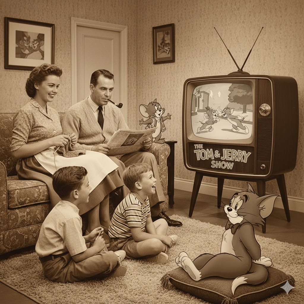 トムとジェリーショーを観る家族。1950年代アメリカのリビング