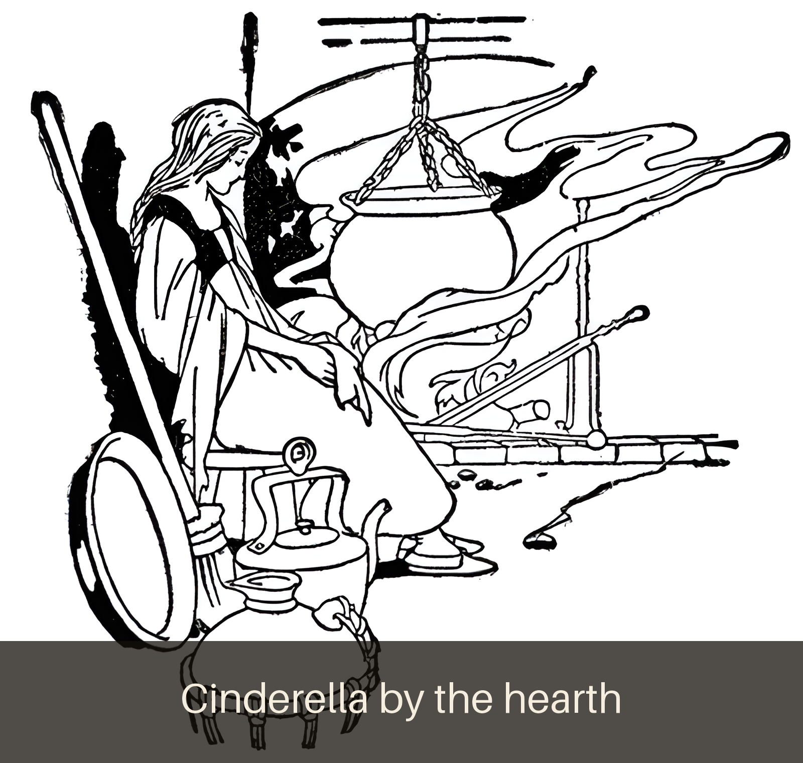 Illustration from Favorite Fairy Tales (1917) — Cinderella by the hearth. Public domain fairy tale art.