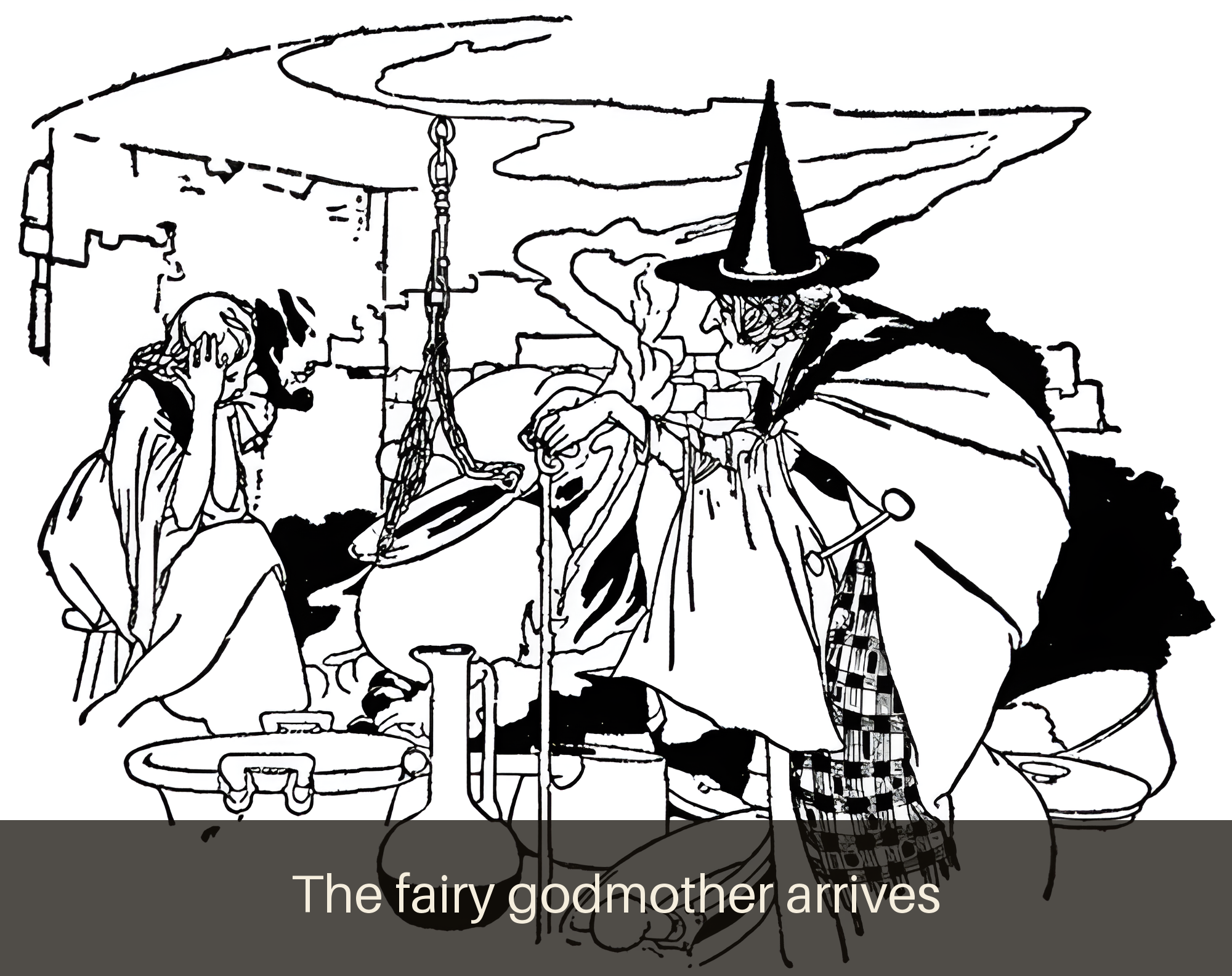Illustration from Favorite Fairy Tales (1917) — The fairy godmother arrives. Public domain fairy tale art.
